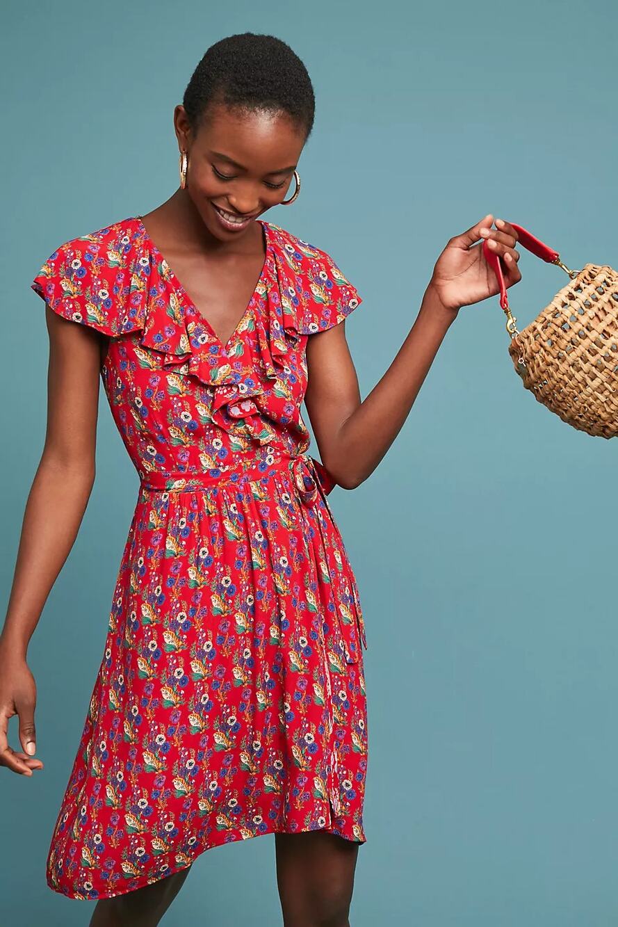 Maeve by Anthropologie Rosalia Ruffled Floral Wrap Dress Red Size 0